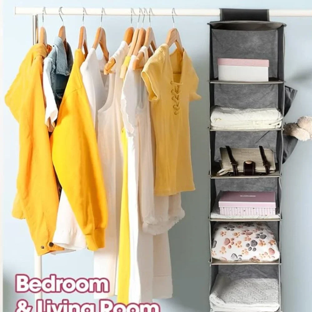 Gray Hanging Closet Organizer 6-Tier Hanging Closet Shelf Organizer With Pockets